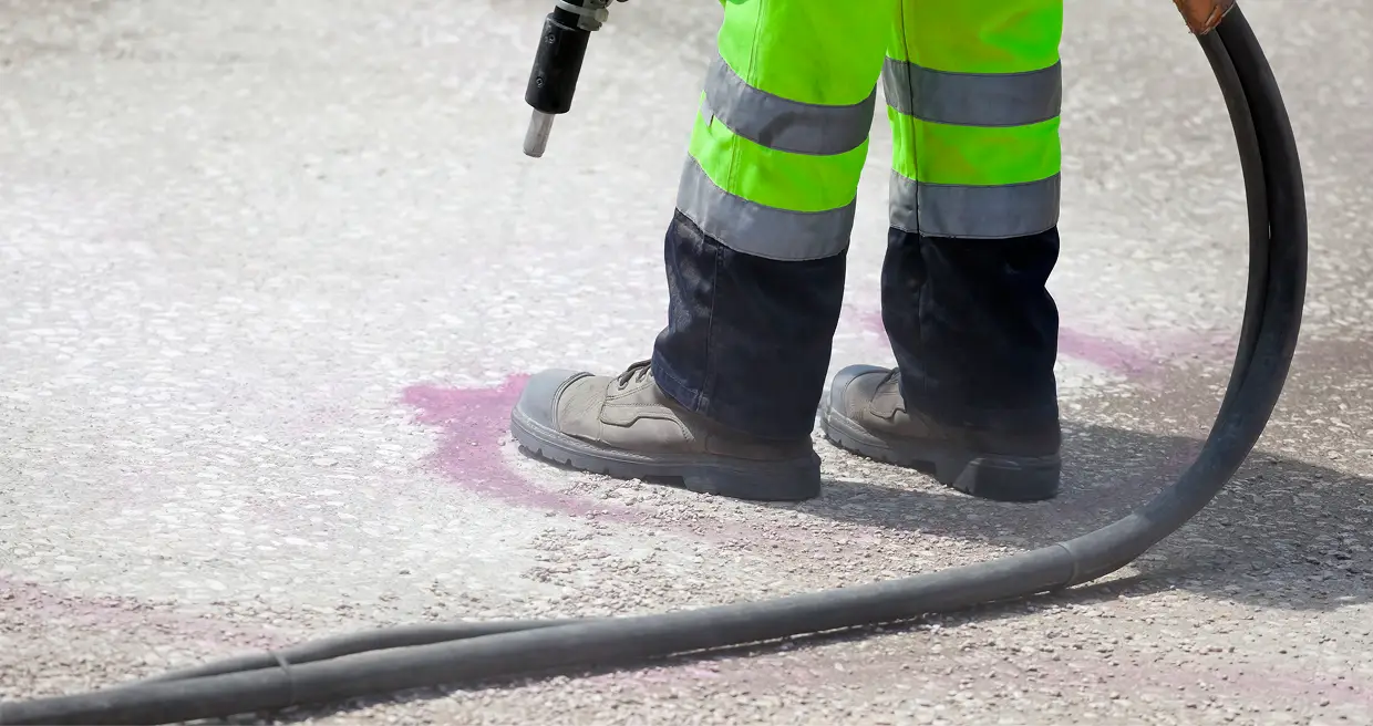 A person in yellow jacket holding a hose.